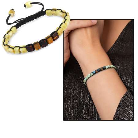 Makrome Örgülü Küp Kesim Sarı-Beyaz-Kırmızı Renk Doğal Damla Kehribar Kadın Bileklik - STOKYOK