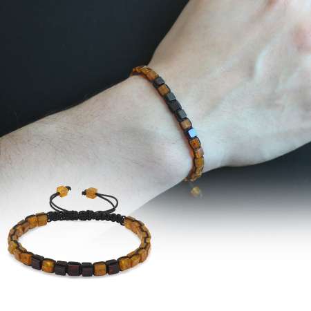 Makrome Örgülü Küp Kesim Sarı-Kırmızı Renk Doğal Damla Kehribar Erkek Bileklik - STOKYOK