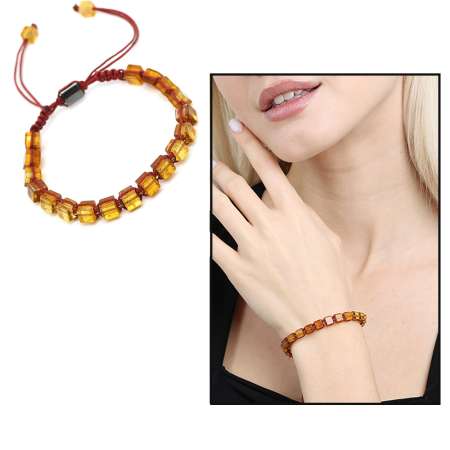 Makrome Örgülü Küp Kesim Şeffaf Renk Doğal Damla Kehribar Kadın Bileklik - Tesbihane