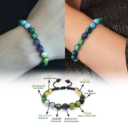 Makrome Örgülü Küre Kesim Çoklu Çoklu Doğaltaş Kombinli Kadın Erkek Şifa Bilekliği 2 li Set - Tesbihane