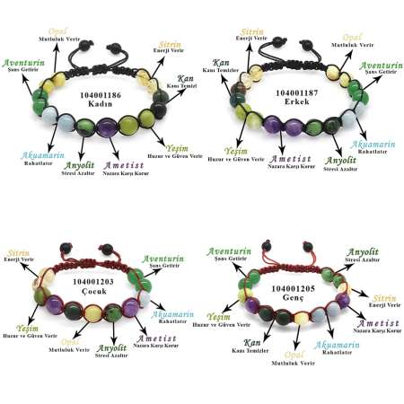 Makrome Örgülü Küre Kesim Çoklu Doğaltaş Bileşim Aile Şifa Bilekliği 4 lü Set - Tesbihane