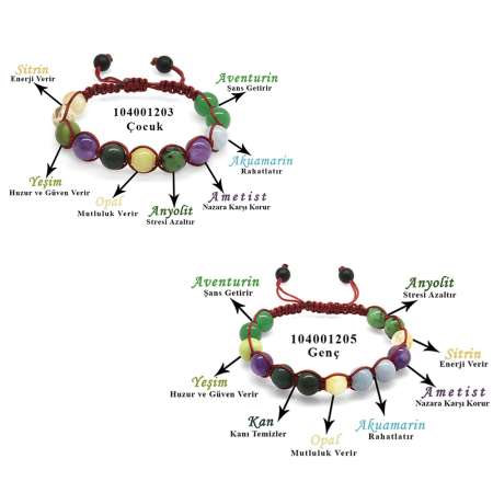 Makrome Örgülü Küre Kesim Çoklu Doğaltaş Kombinli Çocuk Genç Şifa Bilekliği 2 li Set - Tesbihane