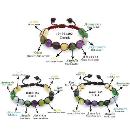 Makrome Örgülü Küre Kesim Çoklu Doğaltaş Kombinli Kadın Erkek Çocuk Şifa Bilekliği 3 lü Set - Tesbihane