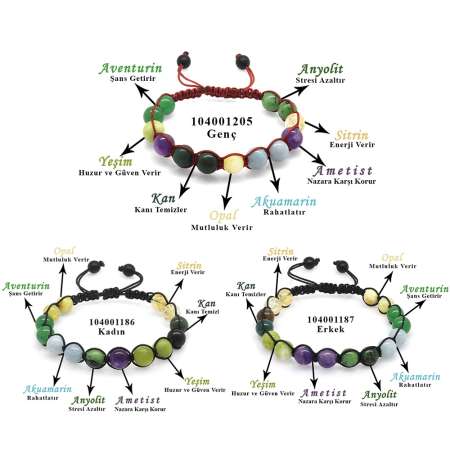 Makrome Örgülü Küre Kesim Çoklu Doğaltaş Kombinli Kadın Erkek Genç Şifa Bilekliği 3 lü Set - Tesbihane