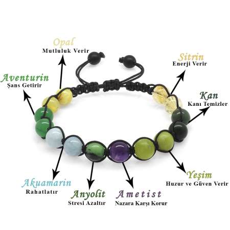 Makrome Örgülü Küre Kesim Çoklu Doğaltaş Kombinli Kadın Şifa Bilekliği - Tesbihane