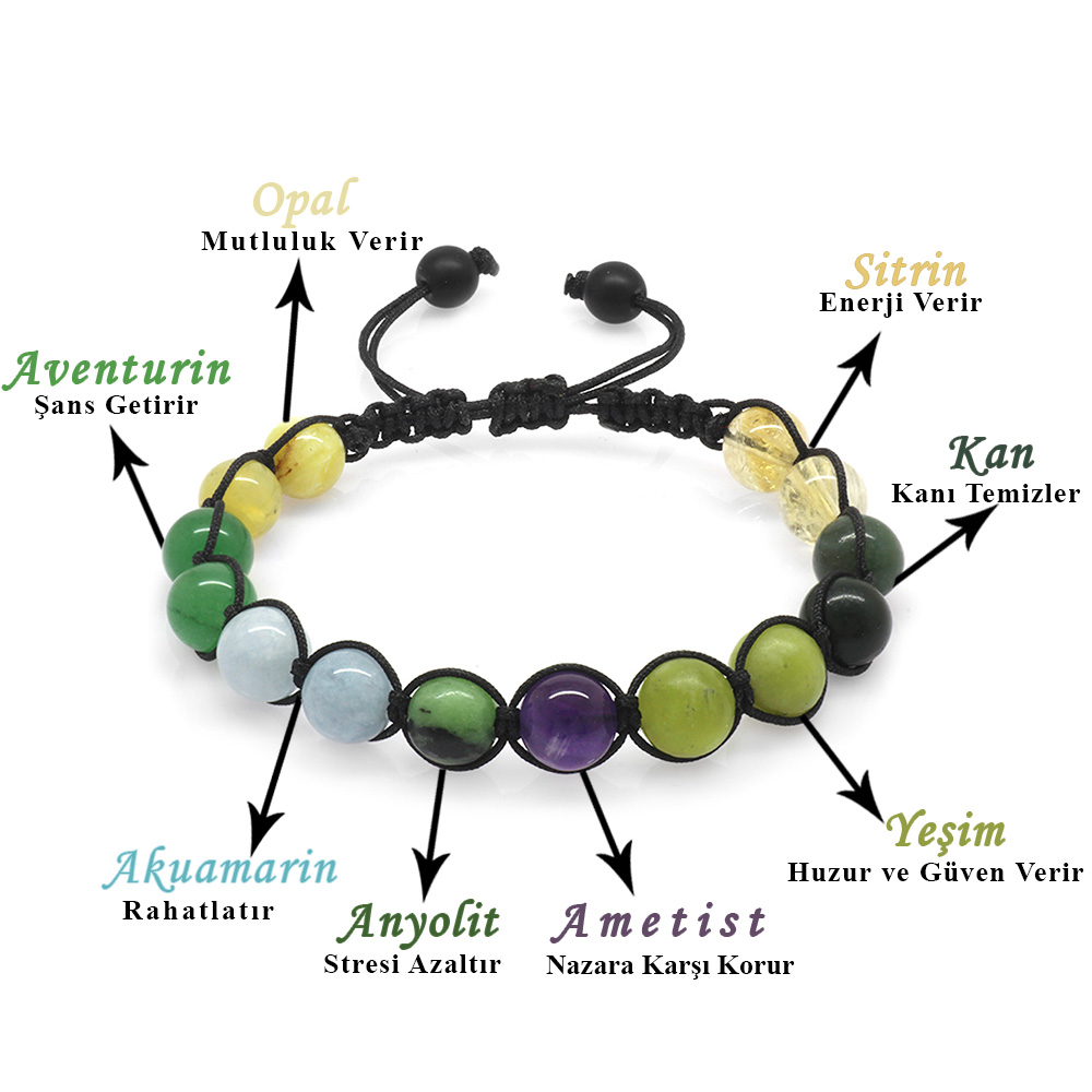 Makrome Örgülü Küre Kesim Çoklu Doğaltaş Kombinli Kadın Şifa Bilekliği - 5