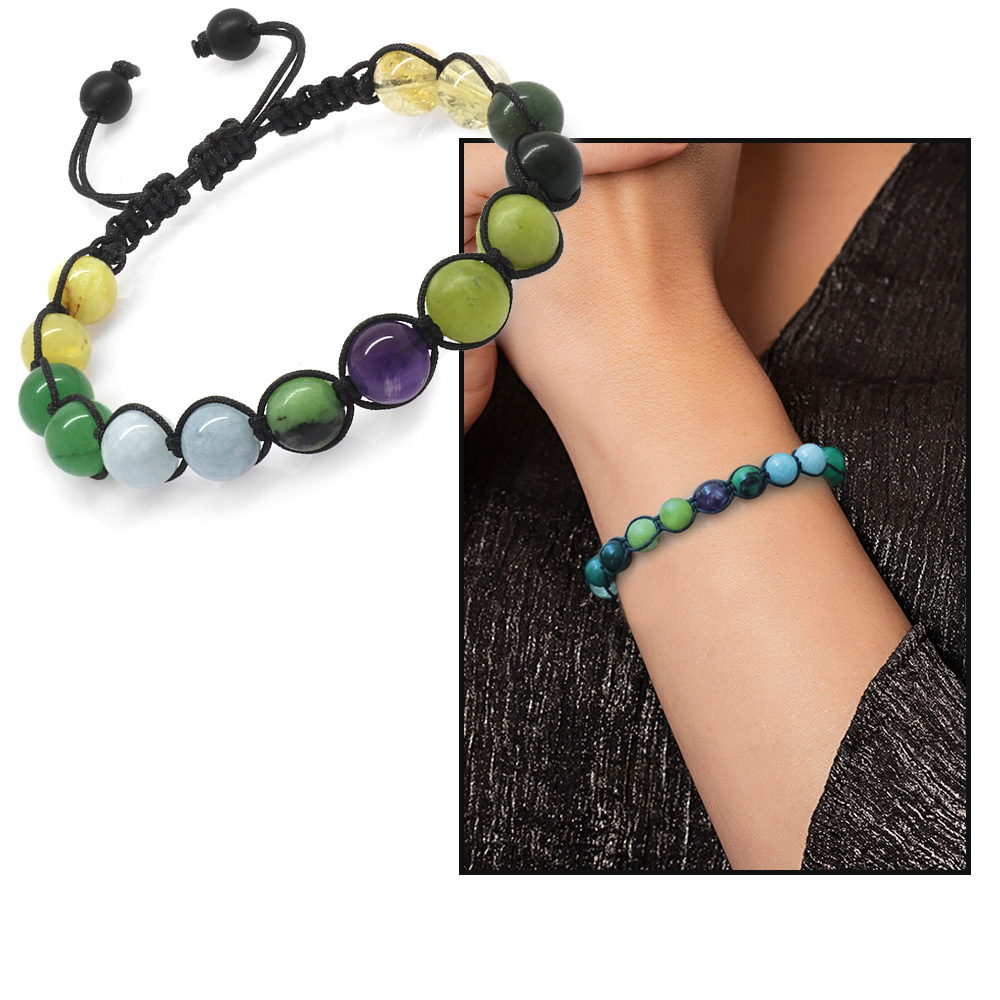 Makrome Örgülü Küre Kesim Çoklu Doğaltaş Kombinli Kadın Şifa Bilekliği - 8