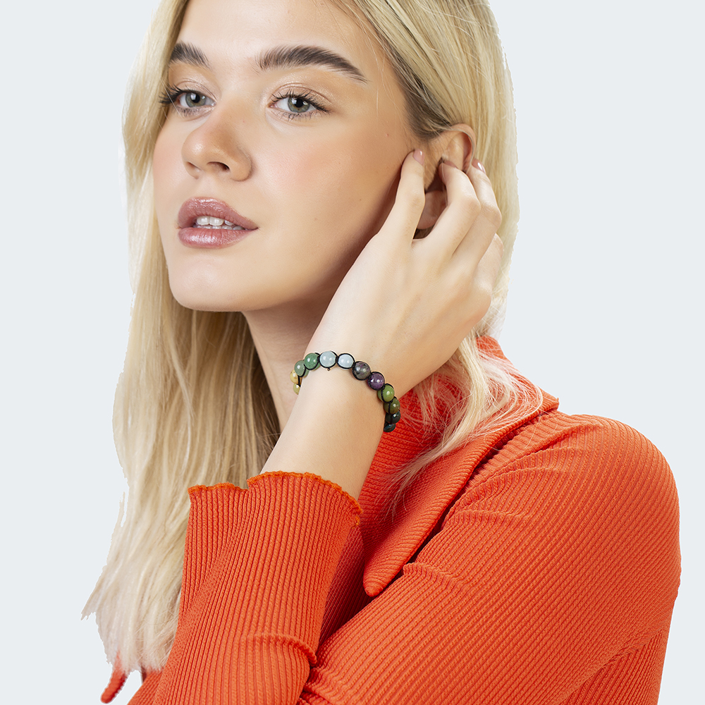 Makrome Örgülü Küre Kesim Çoklu Doğaltaş Kombinli Kadın Şifa Bilekliği - 2