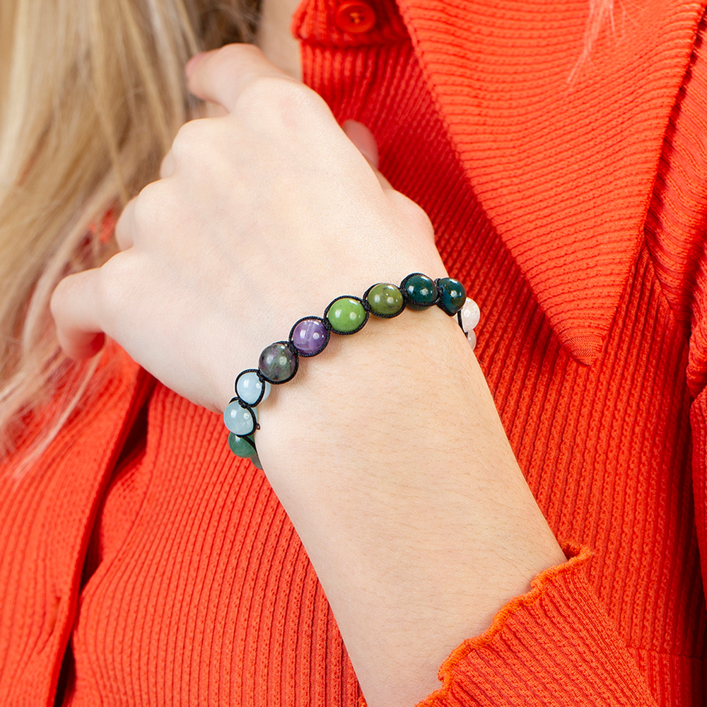 Makrome Örgülü Küre Kesim Çoklu Doğaltaş Kombinli Kadın Şifa Bilekliği - 3