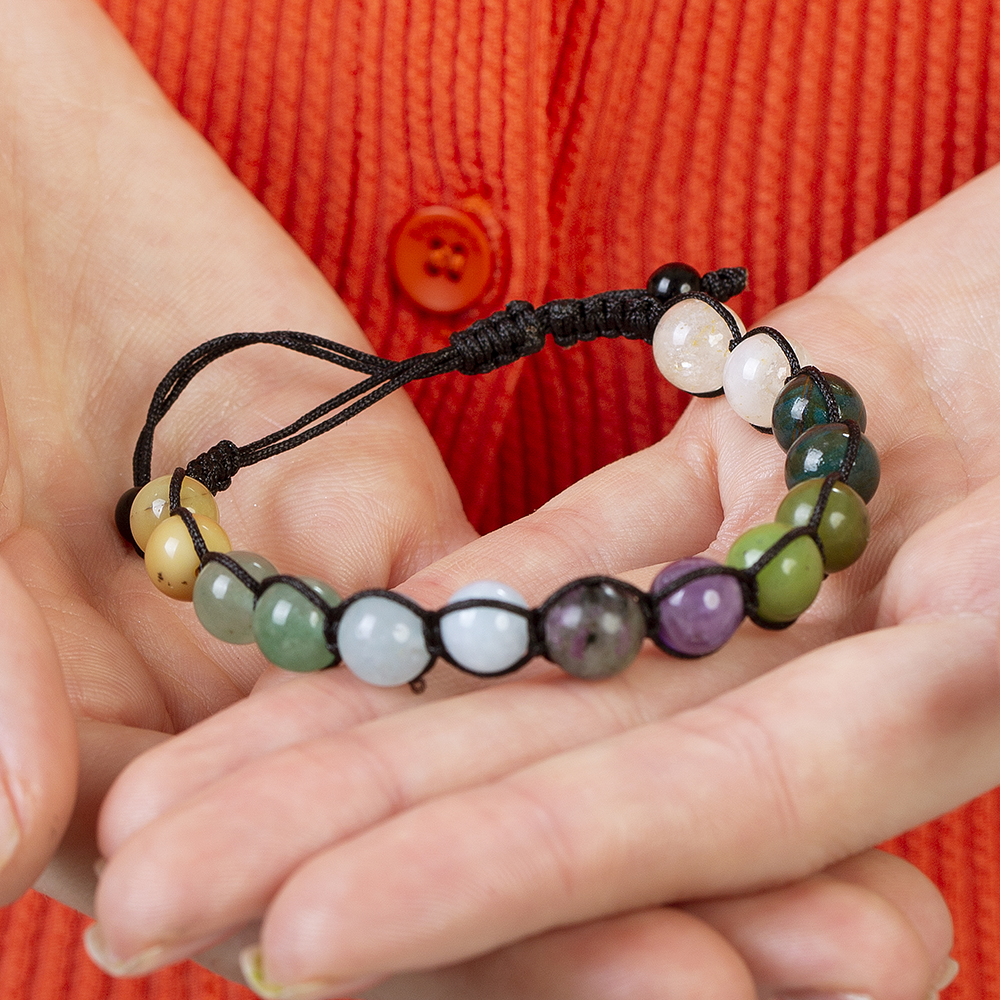 Makrome Örgülü Küre Kesim Çoklu Doğaltaş Kombinli Kadın Şifa Bilekliği - 6