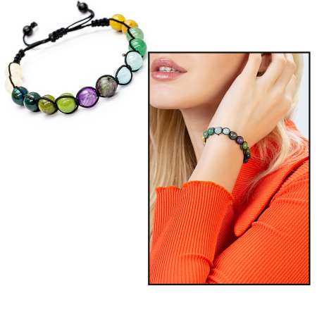 Makrome Örgülü Küre Kesim Çoklu Doğaltaş Kombinli Kadın Şifa Bilekliği - Tesbihane