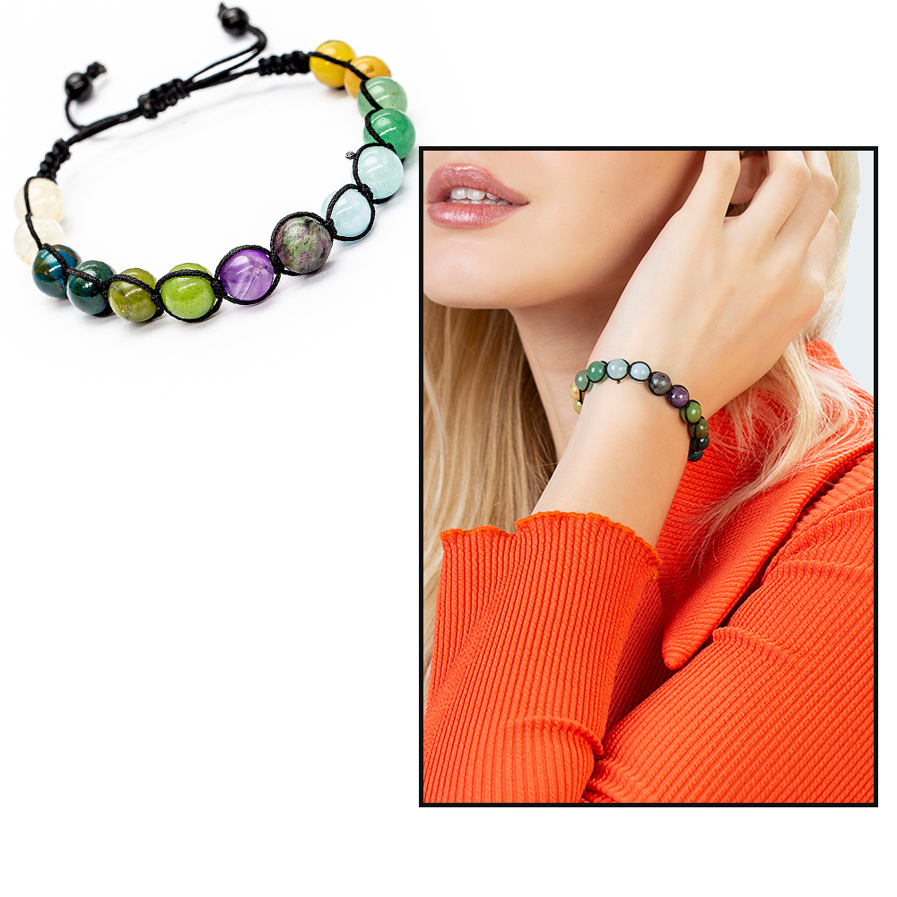 Makrome Örgülü Küre Kesim Çoklu Doğaltaş Kombinli Kadın Şifa Bilekliği - 1