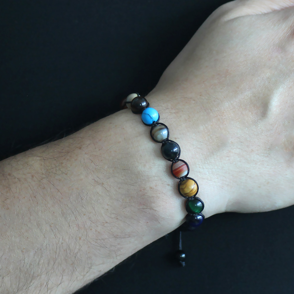 Makrome Örgülü Küre Kesim Çoklu Doğaltaş Yıldız Gezegen Kombinli Erkek Şans Bilekliği - 3