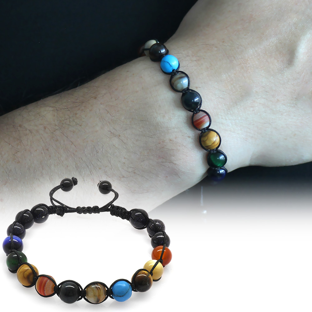 Makrome Örgülü Küre Kesim Çoklu Doğaltaş Yıldız Gezegen Kombinli Erkek Şans Bilekliği - 2