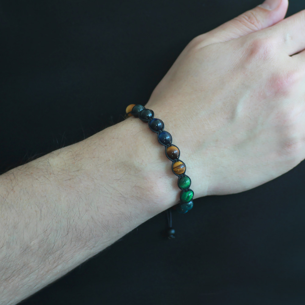 Makrome Örgülü Küre Kesim Çoklu Kaplan Gözü Doğaltaş Kombinli Erkek Enerji Bilekliği - 3