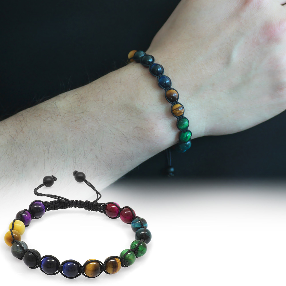 Makrome Örgülü Küre Kesim Çoklu Kaplan Gözü Doğaltaş Kombinli Erkek Enerji Bilekliği - 2