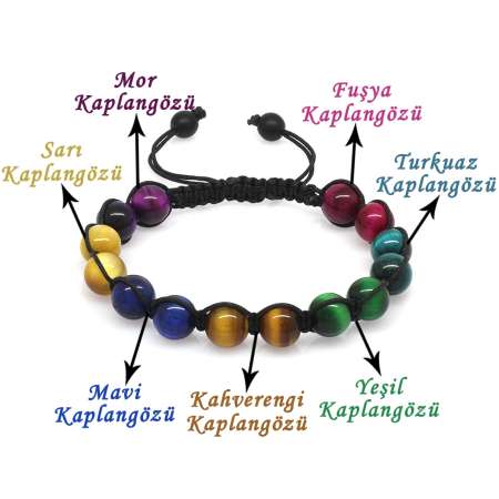 Makrome Örgülü Küre Kesim Çoklu Kaplan Gözü Doğaltaş Kombinli Kadın Enerji Bilekliği - Tesbihane