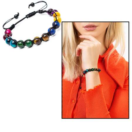 Makrome Örgülü Küre Kesim Çoklu Kaplan Gözü Doğaltaş Kombinli Kadın Enerji Bilekliği - Tesbihane