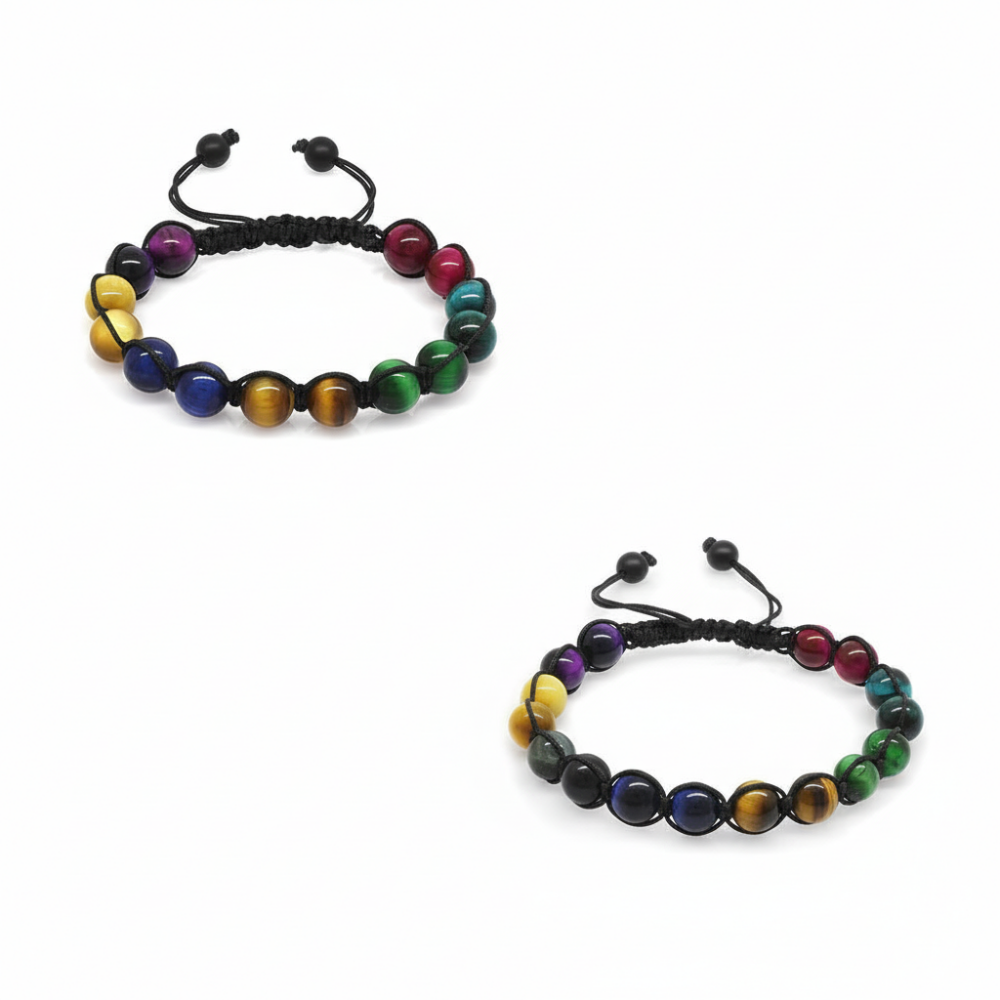 Makrome Örgülü Küre Kesim Çoklu Kaplan Gözü Doğaltaş Kombinli Kadın Erkek Enerji Bilekliği 2 li Set - 4