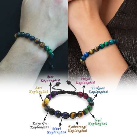 Makrome Örgülü Küre Kesim Çoklu Kaplan Gözü Doğaltaş Kombinli Kadın Erkek Enerji Bilekliği 2 li Set - Tesbihane