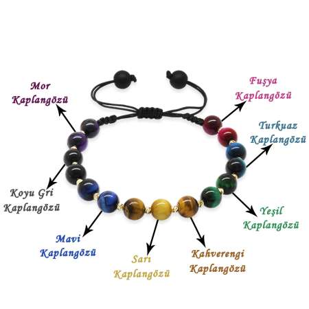 Makrome Örgülü Küre Kesim Dorika Top Süslemeli Kaplan Gözü Doğaltaş Kadın Enerji Bilekliği - Tesbihane