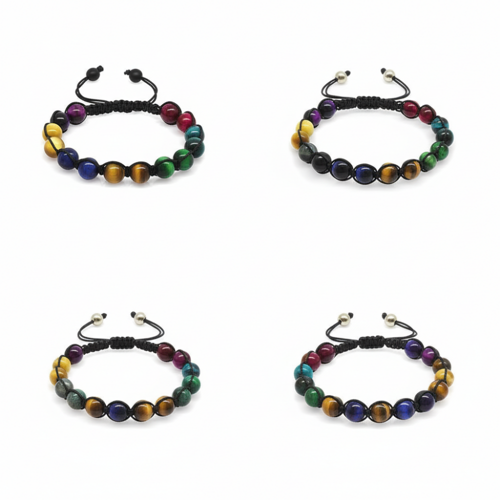 Makrome Örgülü Küre Kesim Kaplan Gözü Doğaltaş Bileşim Aile Enerji Bilekliği 4 lü Set - 3