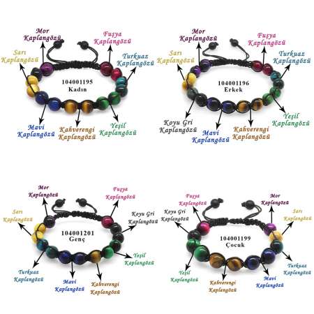 Makrome Örgülü Küre Kesim Kaplan Gözü Doğaltaş Bileşim Aile Enerji Bilekliği 4 lü Set - Tesbihane