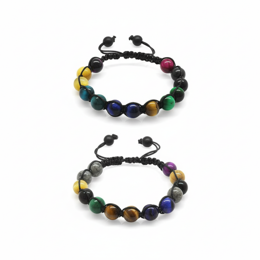 Makrome Örgülü Küre Kesim Kaplan Gözü Doğaltaş Kombinli Çocuk Genç Enerji Bilekliği 2 li Set - 3