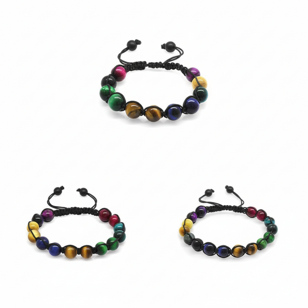 Makrome Örgülü Küre Kesim Kaplan Gözü Doğaltaş Kombinli Kadın Erkek Çocuk Enerji Bilekliği 3 lü Set - 3