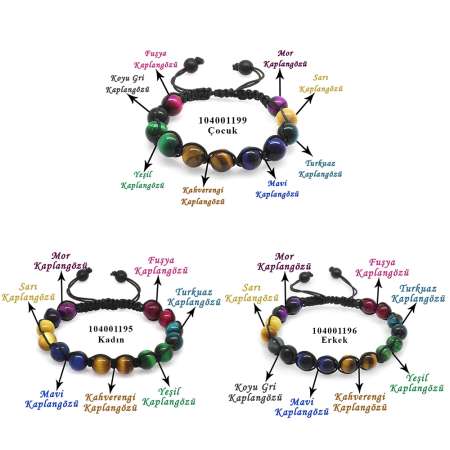 Makrome Örgülü Küre Kesim Kaplan Gözü Doğaltaş Kombinli Kadın Erkek Çocuk Enerji Bilekliği 3 lü Set - Tesbihane