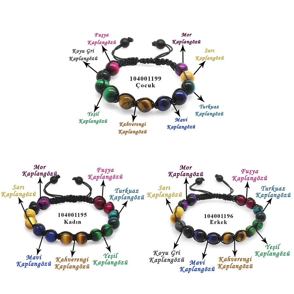 Makrome Örgülü Küre Kesim Kaplangözü Doğaltaş Kombinli Kadın-Erkek-Çocuk Enerji Bilekliği(3 lü Set) - 1