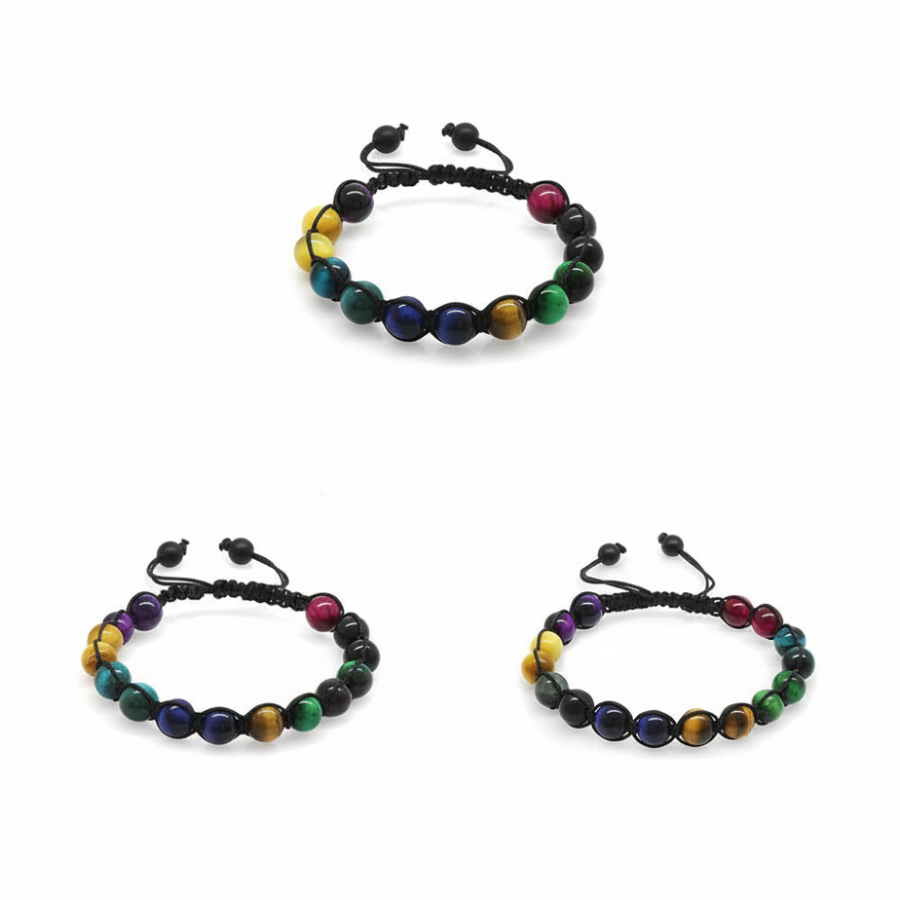 Makrome Örgülü Küre Kesim Kaplan Gözü Doğaltaş Kombinli Kadın Erkek Genç Enerji Bilekliği 3 lü Set - 3