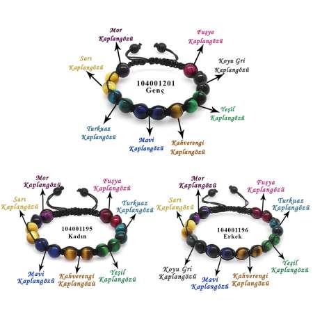 Makrome Örgülü Küre Kesim Kaplan Gözü Doğaltaş Kombinli Kadın Erkek Genç Enerji Bilekliği 3 lü Set - Tesbihane