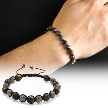 Makrome Örgülü Küre Kesim Kaplan Gözü Fasetalı Hematit Kombinli Doğaltaş Bileklik - Tesbihane