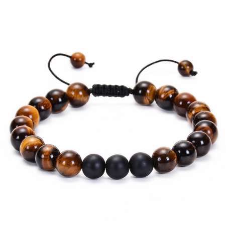 Makrome Örgülü Küre Kesim Kaplan Gözü ve Oniks Bileşim Doğaltaş Kadın Bileklik - Tesbihane