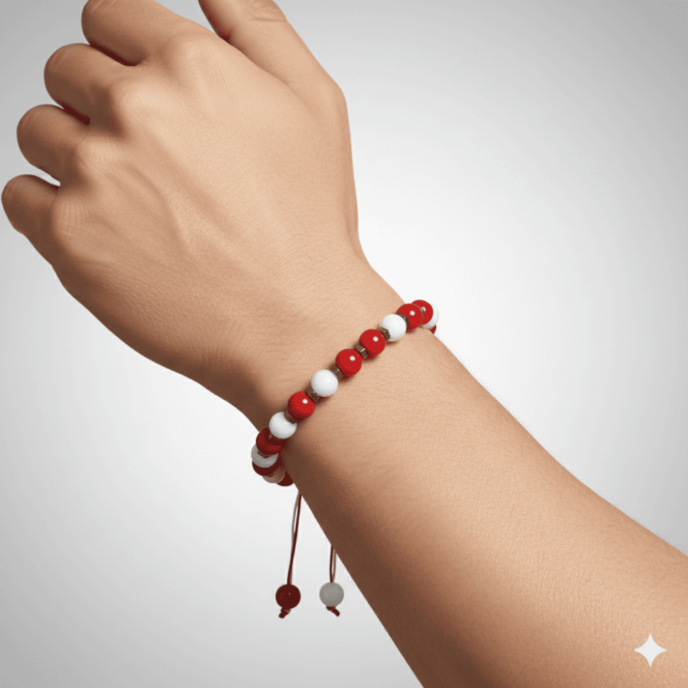 Makrome Örgülü Küre Kesim Kırmızı Beyaz Jade Akik Hematit Doğaltaş Erkek Taraftar Bileklik - 2