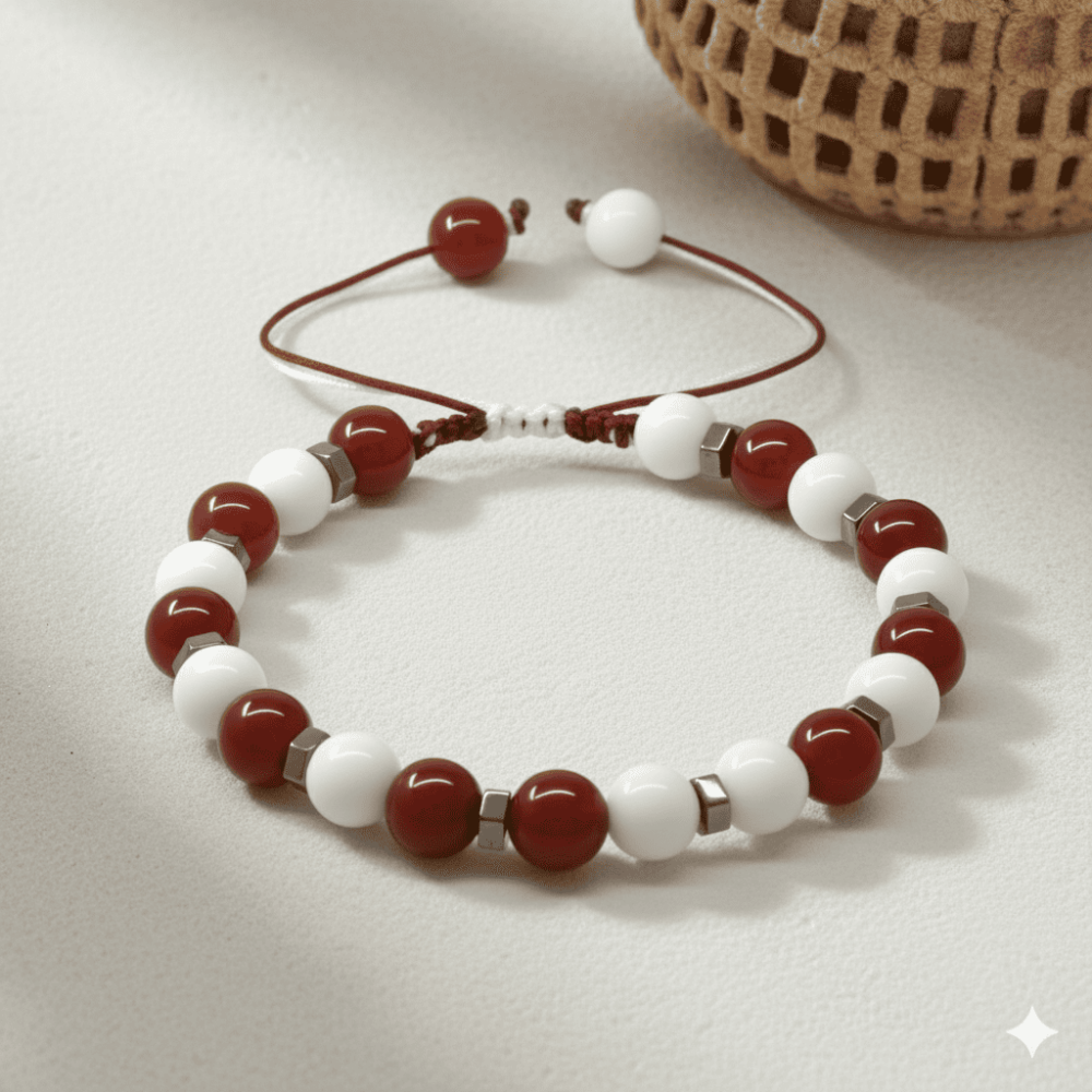 Makrome Örgülü Küre Kesim Kırmızı Beyaz Jade Akik Hematit Doğaltaş Erkek Taraftar Bileklik - 3