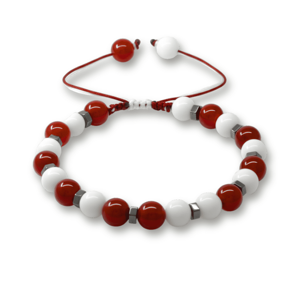 Makrome Örgülü Küre Kesim Kırmızı Beyaz Jade Akik Hematit Doğaltaş Erkek Taraftar Bileklik - 4