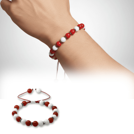 Makrome Örgülü Küre Kesim Kırmızı Beyaz Jade Akik Hematit Doğaltaş Erkek Taraftar Bileklik - Tesbihane