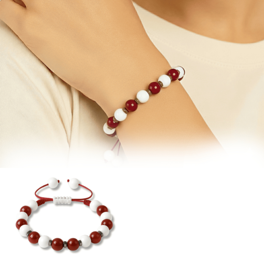 Makrome Örgülü Küre Kesim Kırmızı Beyaz Jade Akik Hematit Doğaltaş Kadın Taraftar Bileklik - 1