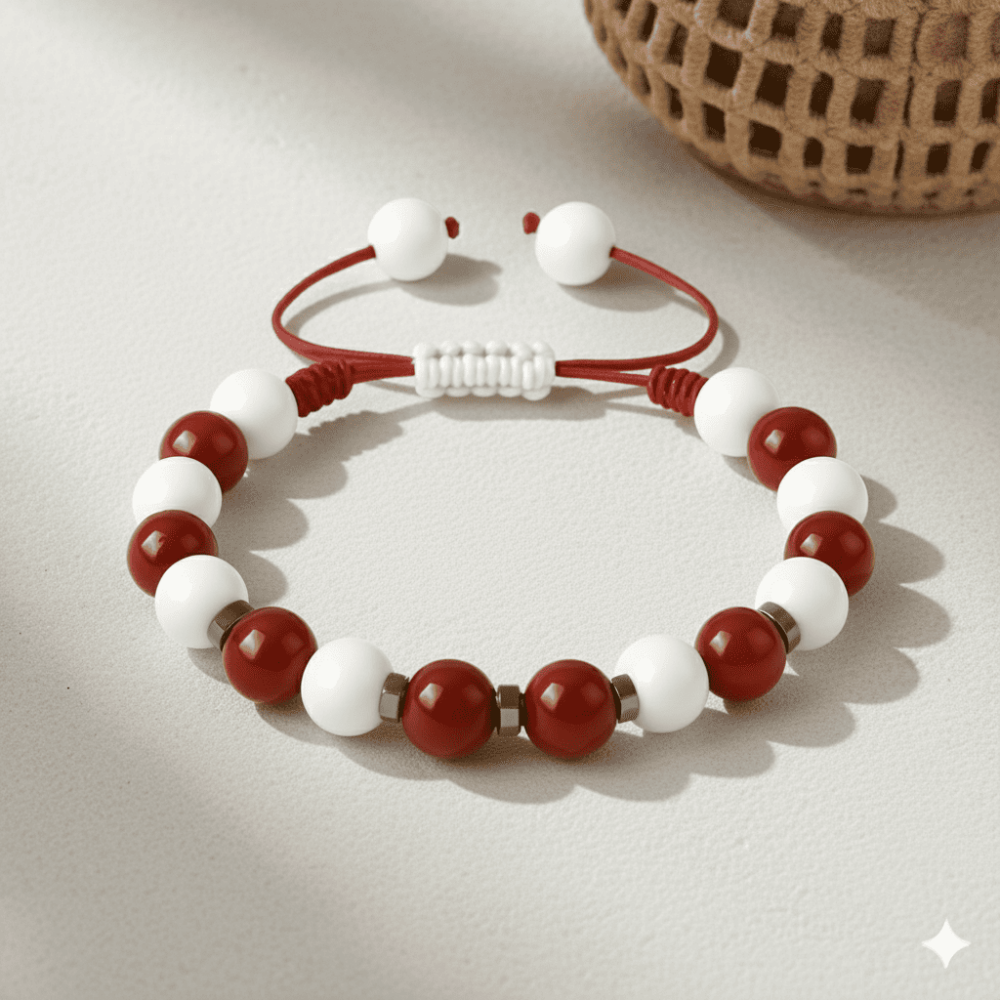 Makrome Örgülü Küre Kesim Kırmızı Beyaz Jade Akik Hematit Doğaltaş Kadın Taraftar Bileklik - 3