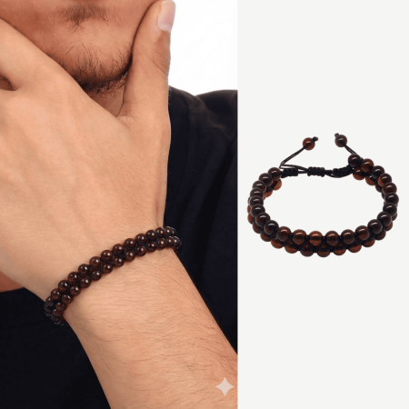 Çift Sıra Makrome Örgülü Küre Kesim Kırmızı Doğal Damla Kehribar Erkek Bileklik - Tesbihane