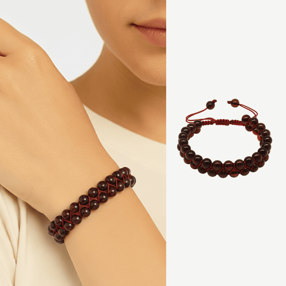 Çift Sıra Makrome Örgülü Küre Kesim Kırmızı Doğal Damla Kehribar Kadın Bileklik - 1