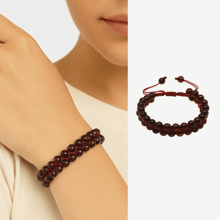 Çift Sıra Makrome Örgülü Küre Kesim Kırmızı Doğal Damla Kehribar Kadın Bileklik - Tesbihane