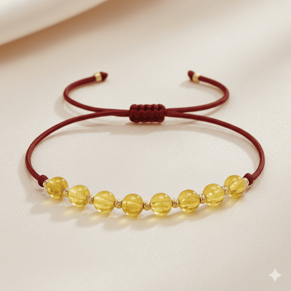 Makrome Örgülü Küre Kesim Kırmızı İp Dorika Top Sarı Beyaz Renk Doğal Damla Kehribar Kadın Bileklik - 3