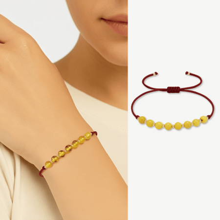 Makrome Örgülü Küre Kesim Kırmızı İp Dorika Top Sarı Beyaz Renk Doğal Damla Kehribar Kadın Bileklik - Tesbihane