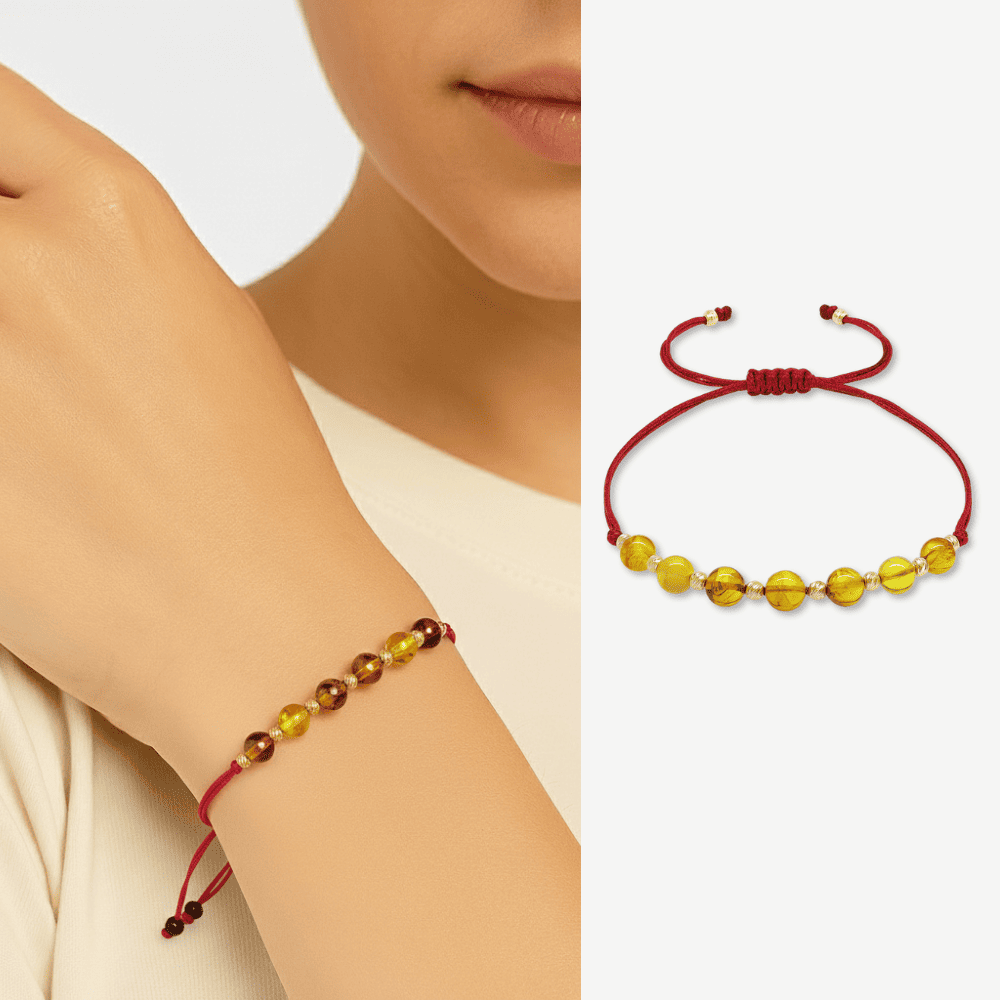 Makrome Örgülü Kırmızı İpli Dorika Top Süslemeli Sarı Renk Doğal Damla Kehribar Kadın Bileklik - 1