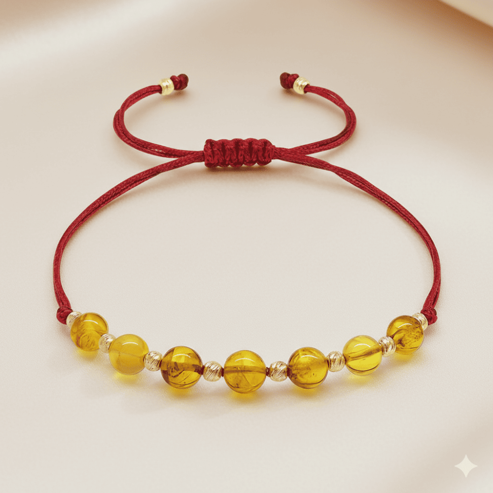 Makrome Örgülü Kırmızı İpli Dorika Top Süslemeli Sarı Renk Doğal Damla Kehribar Kadın Bileklik - 3