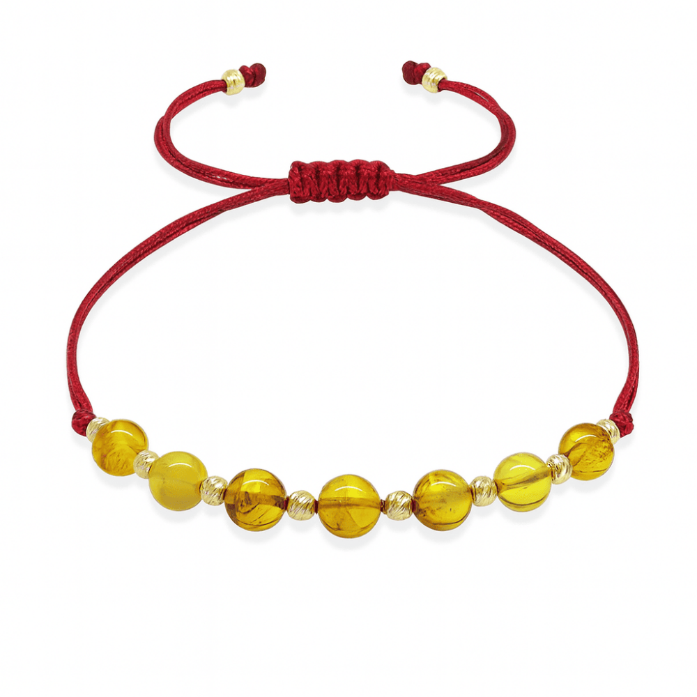 Makrome Örgülü Kırmızı İpli Dorika Top Süslemeli Sarı Renk Doğal Damla Kehribar Kadın Bileklik - 4