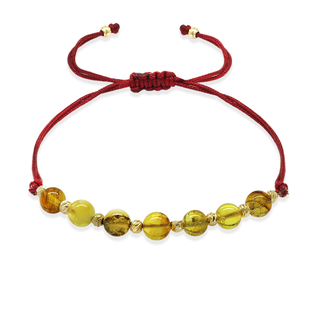 Makrome Örgülü Kırmızı İpli Dorika Top Süslemeli Sarı Renk Doğal Damla Kehribar Kadın Bileklik - 5